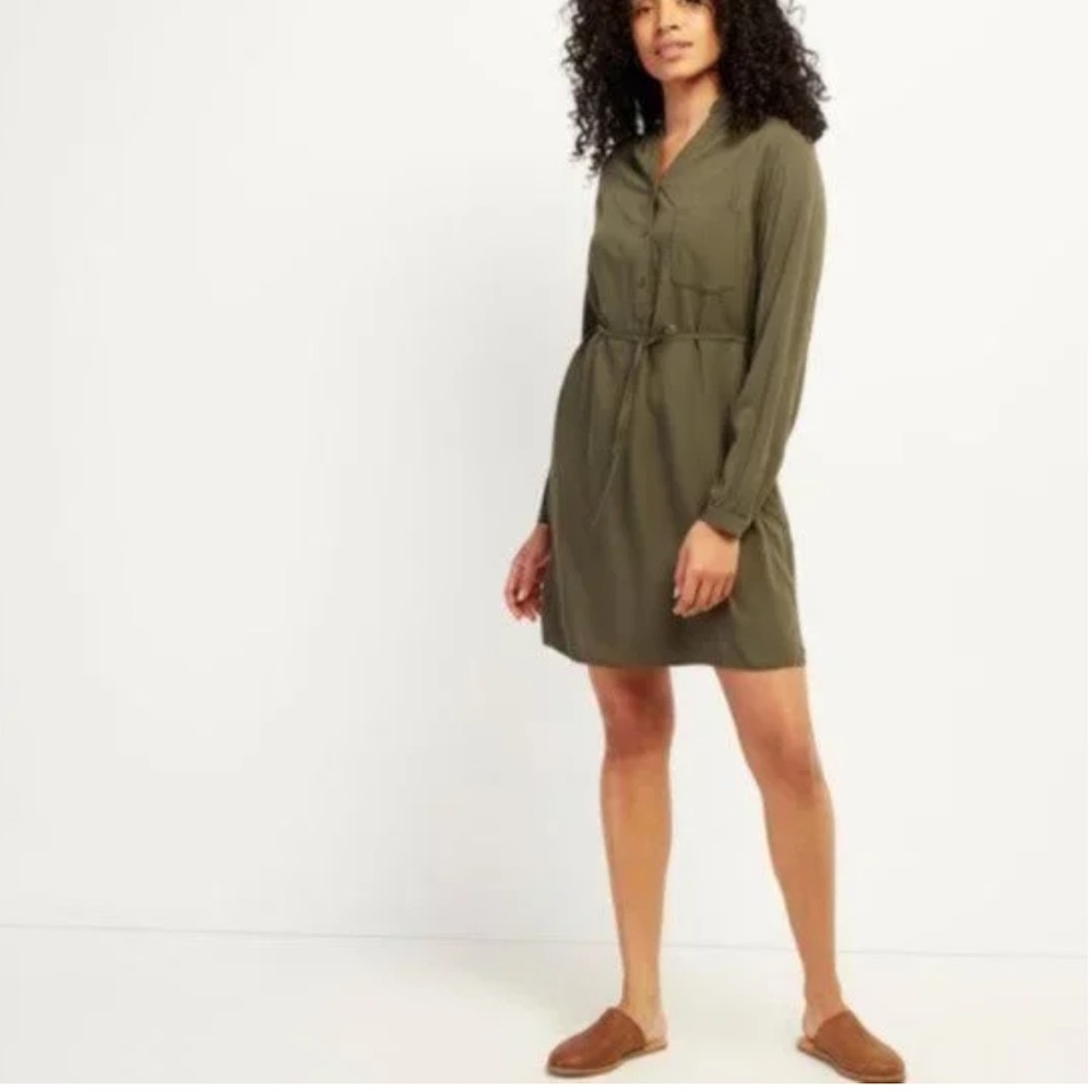 ROOTS Long Sleeve Shirt Dress Cinched Waist Pockets Size Small Olive Green